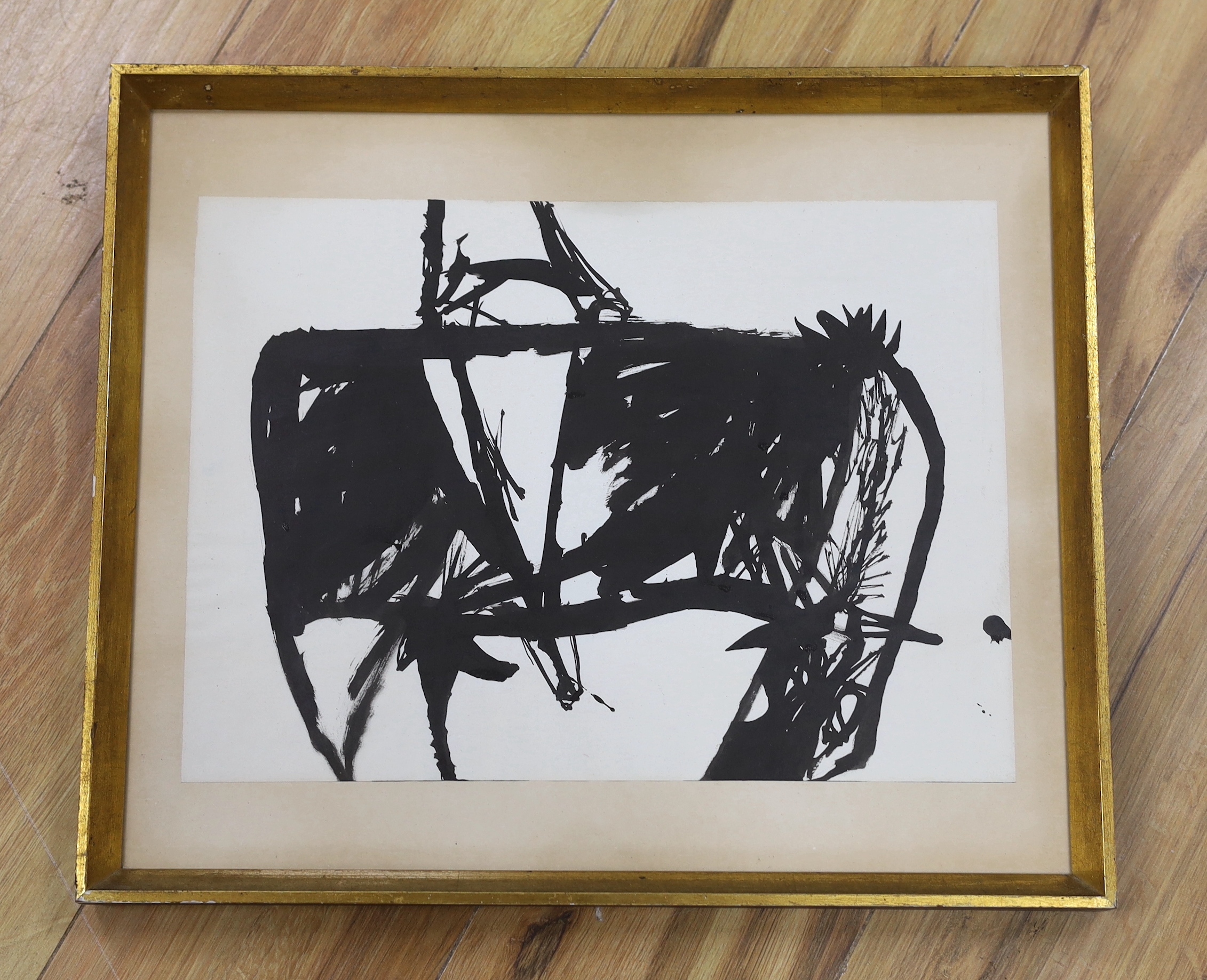 Alexander Weatherson (b.1930) ink, horse and river, inscribed Gallery One label and 260MG stencil verso, 38cm x 28cm